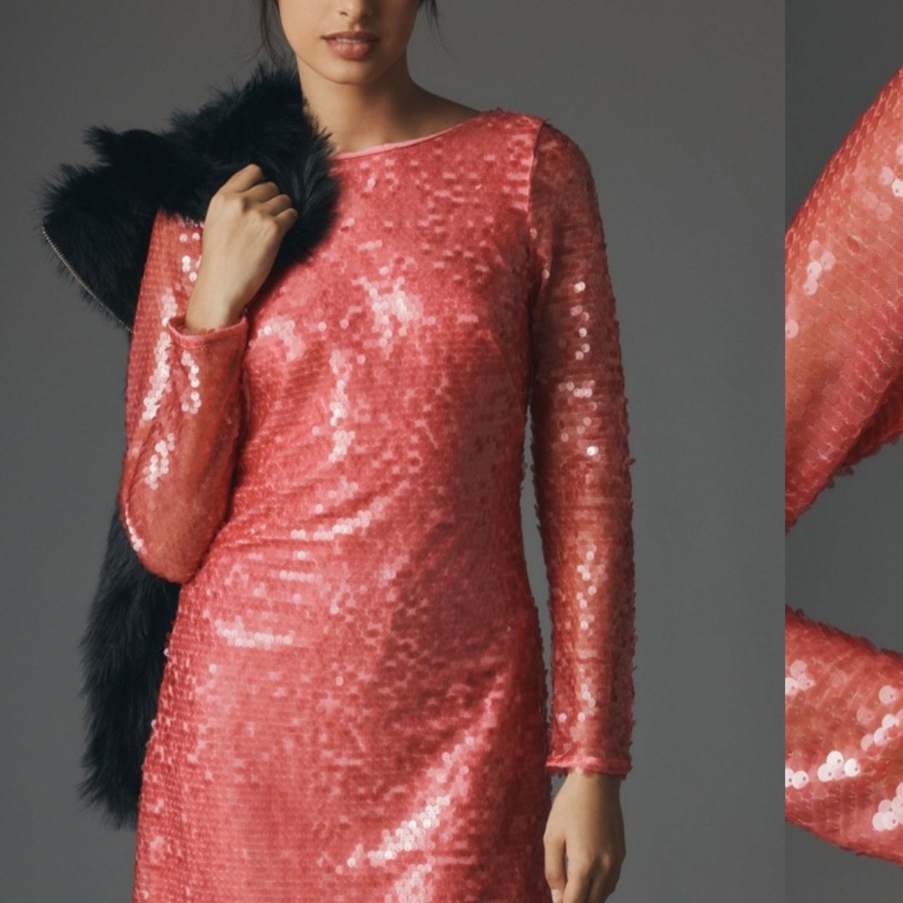 Sequin Drape-Back Mini Dress Pink Anthropologie Size 8 Lined